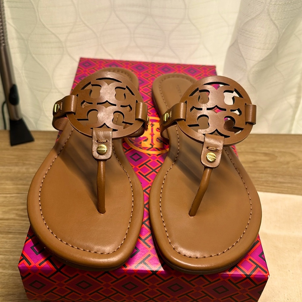 New Tory Burch Miller Sandals Calf Leather Vintage Vachetta NIB Womens Size 10,7